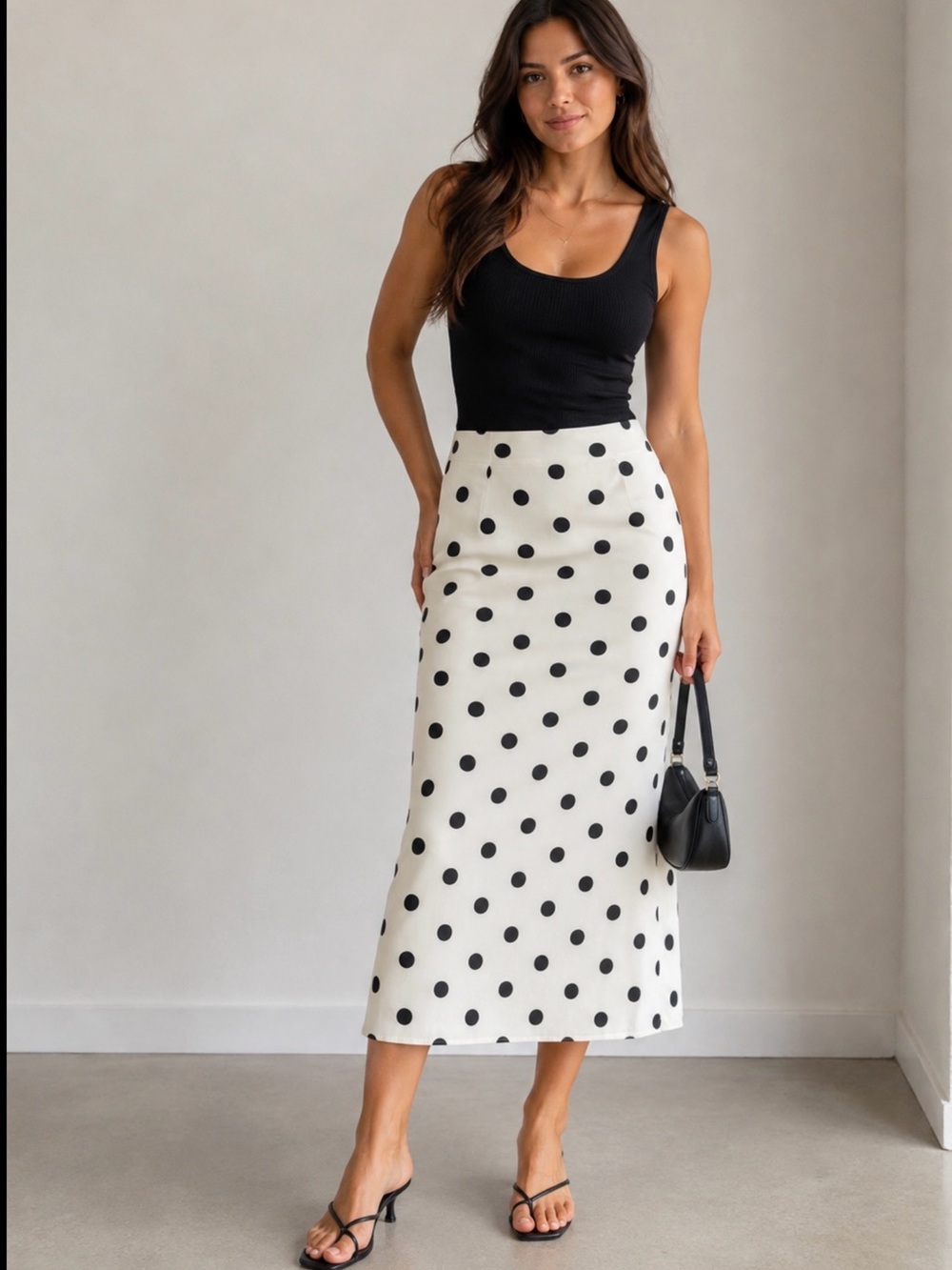 LOFT Black Polka Dot on White Midi Skirt